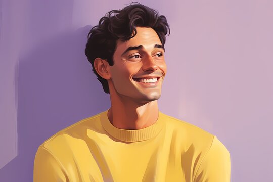 A man in a cheerful yellow sweater grinning on a soft lilac background.