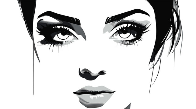  black white drawing woman with prety eye. Vector illustration 