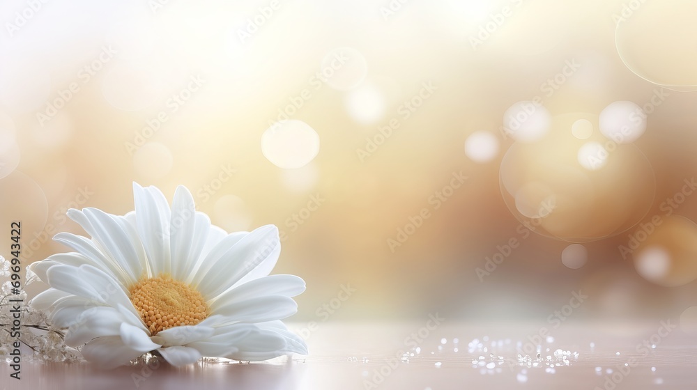Poster white gerbera daisy on isolated magical bokeh background with copy space for text placement