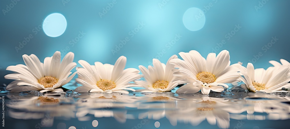 Poster white gerbera daisy with magical bokeh effect on isolated background, ideal for text placement