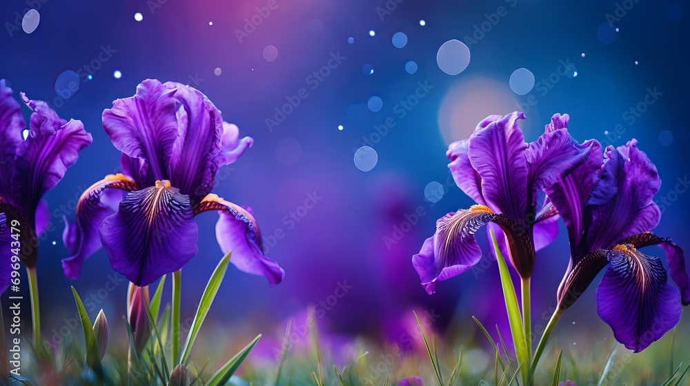 Aufkleber purple iris flower on isolated magical bokeh background with space for text placement