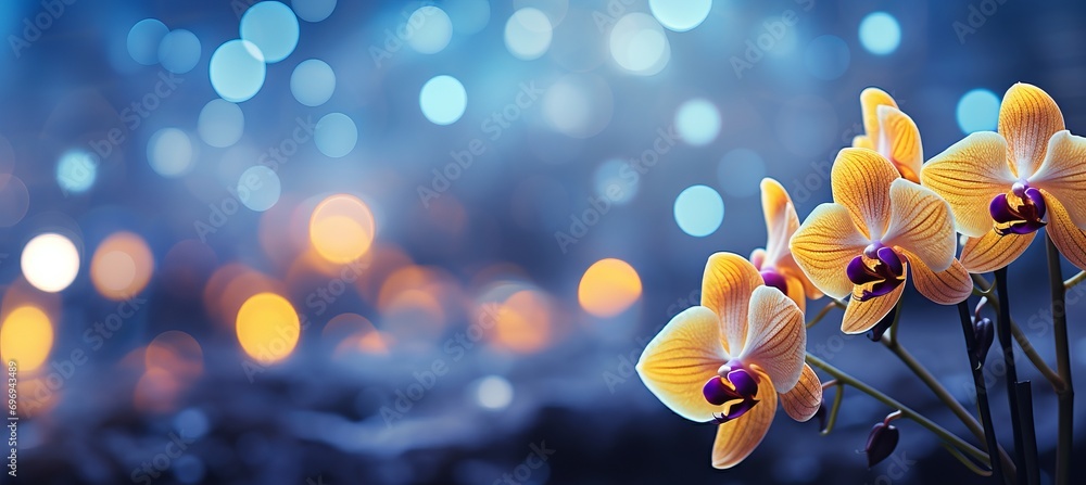 Poster yellow orchid on isolated magical bokeh background with copy space for text placement