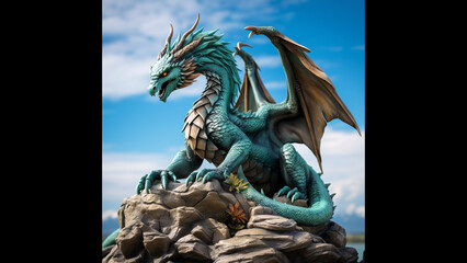 fantasy art, high detail sculpture, large jasper dragon with turquoise stone sky and green jade grass, 3d