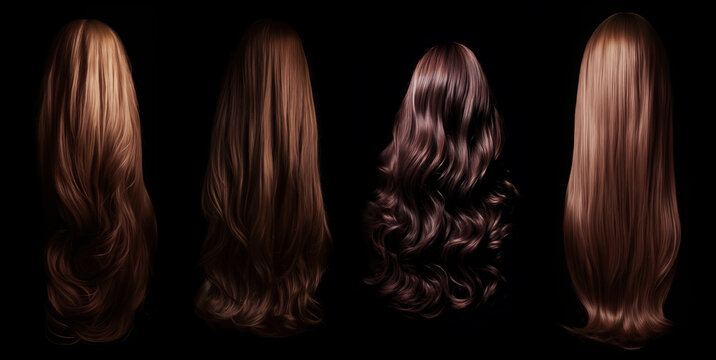 Brunette hair set - isolated black background - Ideal for hair saloons and any other beauty, wellness, and hair treatment themes - brown hair - auburn hair