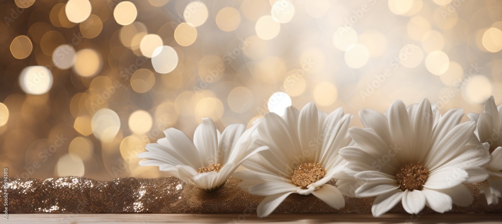Poster white gerbera daisy on isolated magical bokeh background with copy space for text placement