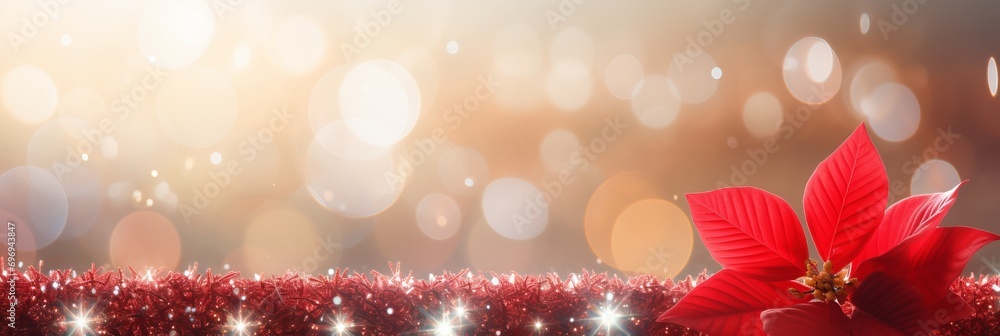 Aufkleber red poinsettia on magical bokeh background with spacious text placement on the left side