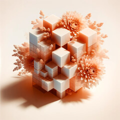 cubes and flowers split with each other 3d pastel peach color