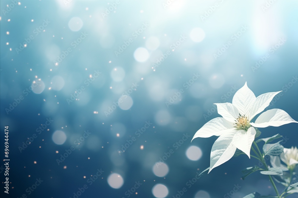 Poster beautiful white poinsettia on right with magical bokeh background and text space on left