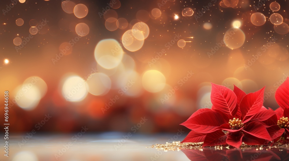 Aufkleber vibrant red poinsettia flower on magical bokeh background with copy space for text placement.