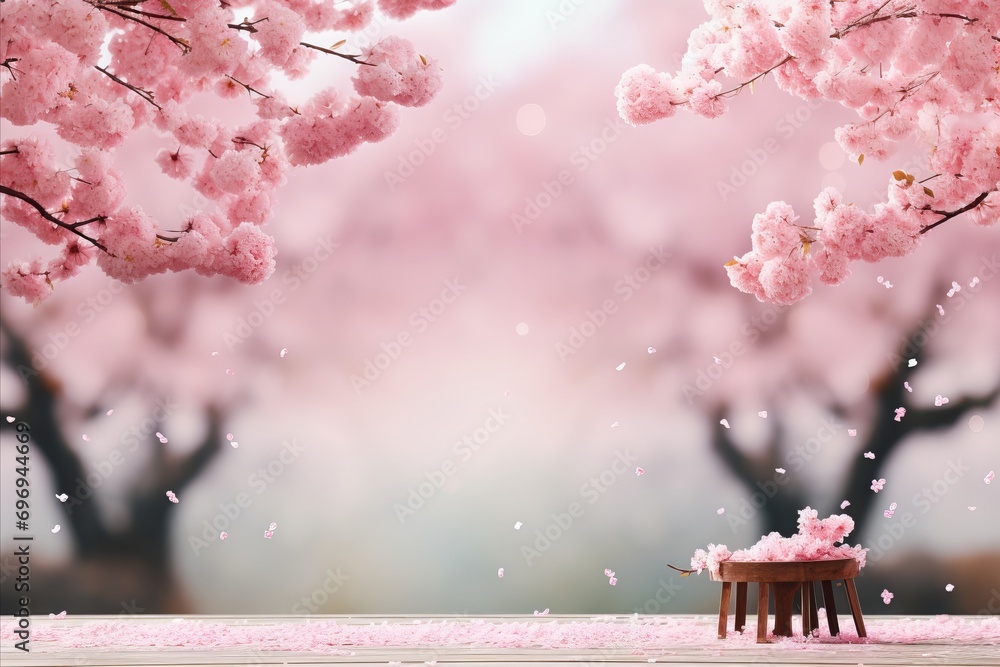 Poster pink cherry blossom on isolated magical bokeh background with copy space for text placement