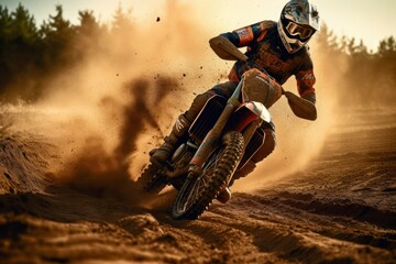Biker in action. Close up view of a dirt bike rider racing down a dirt track