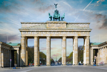 Brandenburger Tor (Brandenburg Gate) panorama, famous landmark in Berlin Germany. Brandenburg gate at sunset, Berlin
