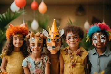 Happy children in animals costumes having fun at a jungle-themed birthday party.