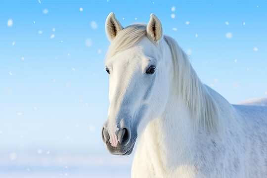 white horse in snow on blue sky background 