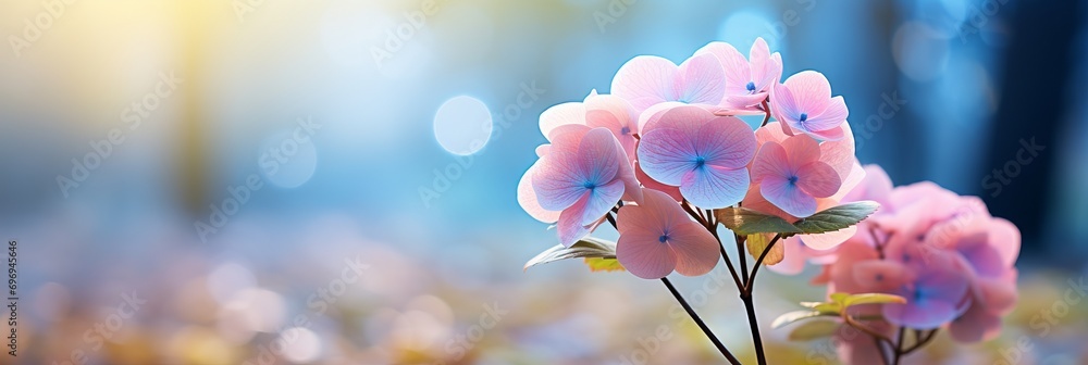 Poster pink hydrangea blossom on isolated magical bokeh background with copy space for text placement