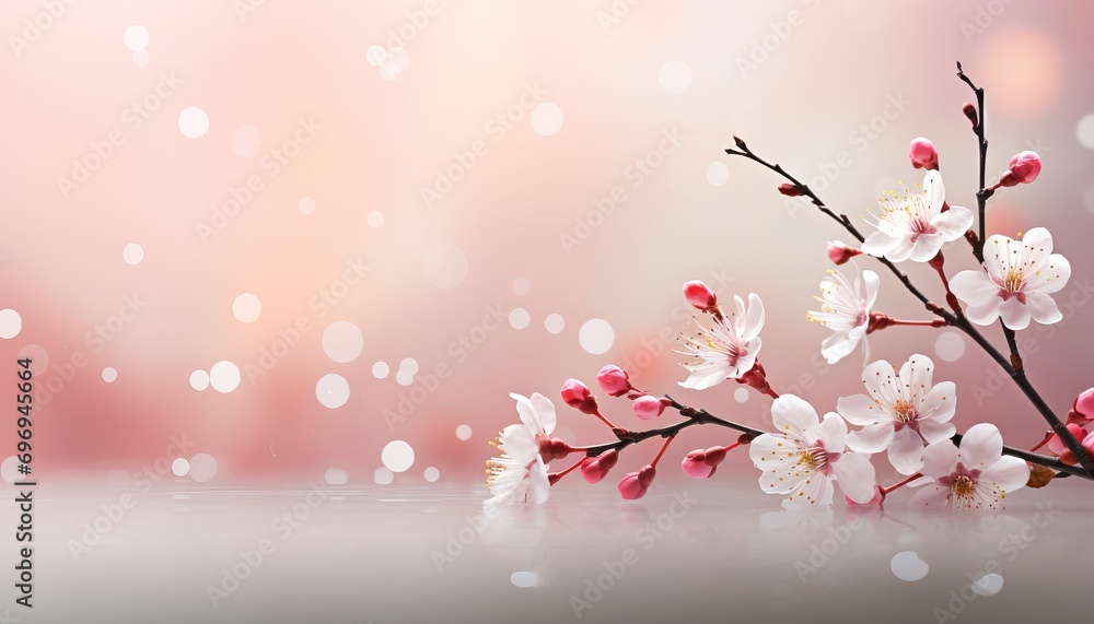 Poster cherry blossom on white background with magical bokeh effect copy space for text on left