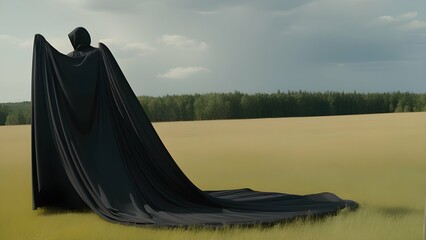 abstract object in black fabric in meadow with a liquid floating in breezing wind