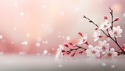 Cherry blossom on white background with magical bokeh effect   copy space for text on left