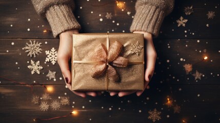 Close up shot of female hands holding a small gift wrapped with red ribbon.