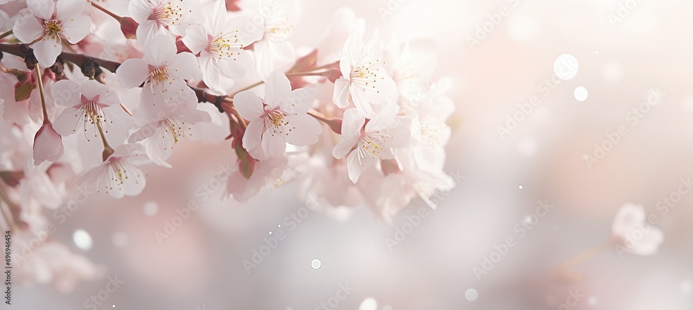 Poster white cherry blossom on isolated magical bokeh background with copy space for text placement