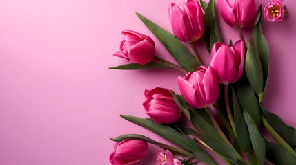 Fotobehang Women's Day minimalistic floral banner with purple tulips on light purple background. Pink tulips bouquet, a springtime joy. Elegant tulips in full bloom, pure charm © Alina