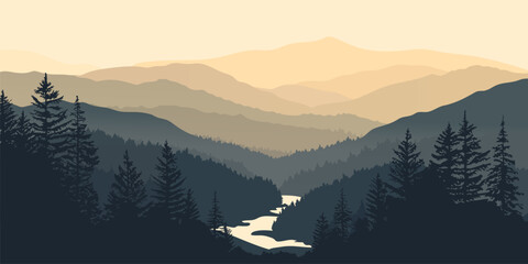 Panoramic landscape of beautiful silhouettes of mountains, forest and river. Amazing mountain landscape against the backdrop of sunset or sunrise. Wildlife vector illustration. - obrazy, fototapety, plakaty