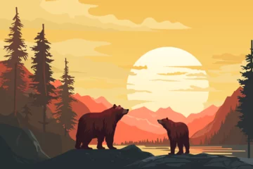 Deurstickers Bears in a beautiful forest against the backdrop of high mountains and an amazing sunset. Stunning wildlife landscape with bears. Vector illustration for design, poster, banner, card, cover. © LoveSan