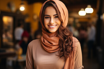 Beautiful muslim woman wearing beige hijab, orange blouse and beige pants smiling and looking back on brown background. Copy space.
