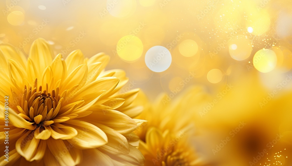 Poster yellow chrysanthemum on right, isolated magical bokeh background with text space on left