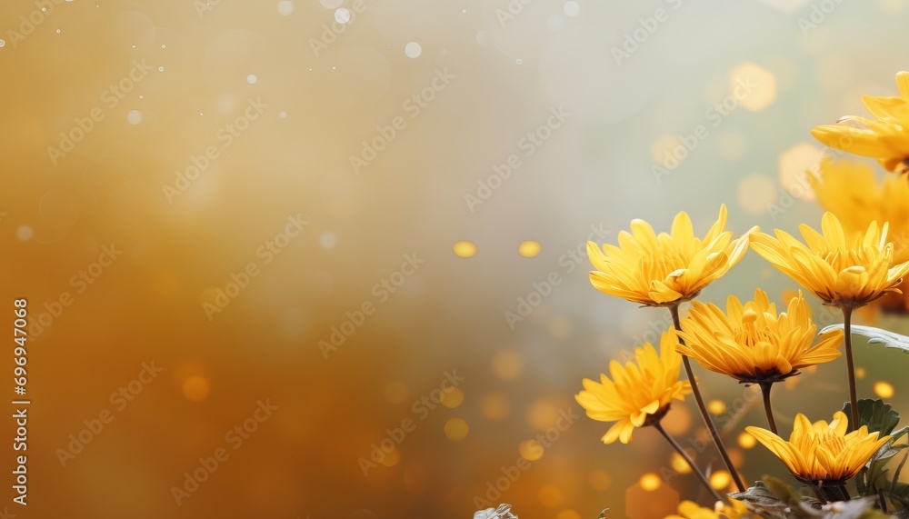 Poster yellow chrysanthemum on isolated magical bokeh background with copy space for text placement