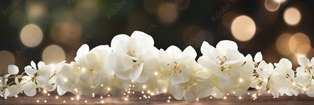 Poster white hydrangea blossom on isolated magical bokeh background with copy space for text placement