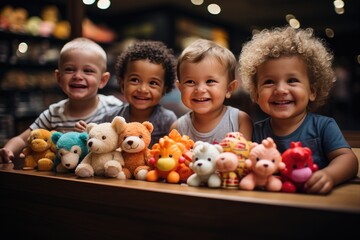 Children are captured in a moment of pure joy as they hug soft or stuffed toys. The image radiates innocence and delight, making it an ideal choice for a toy shop commercial. - obrazy, fototapety, plakaty