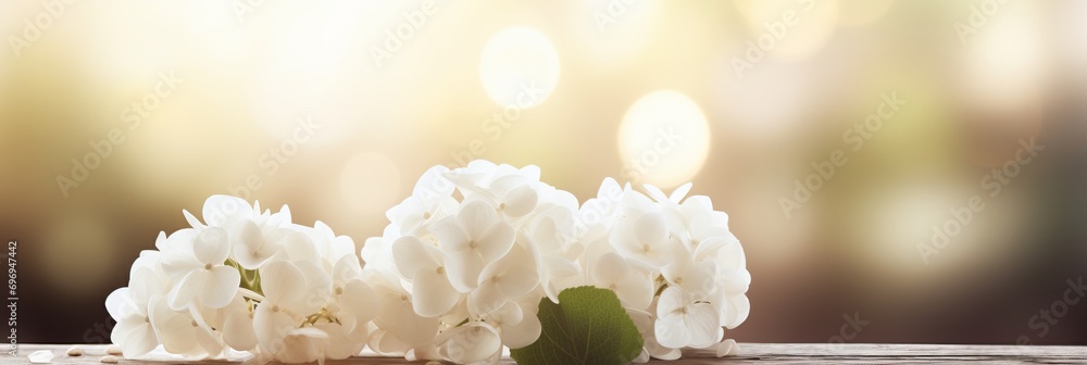 Aufkleber white hydrangea blossom on magical bokeh background with copy space for text placement