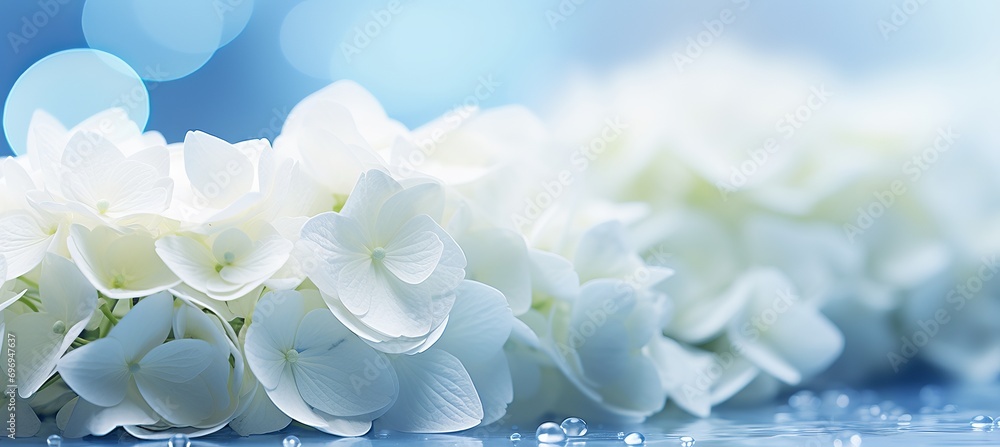 Aufkleber white hydrangea on right side, isolated magical bokeh background with ample text space on left.