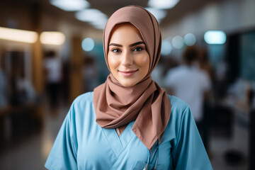 Fototapeta na wymiar Portrait of islamic woman smiling. Pretty muslim girl. Beautiful asian muslimah woman model posing on grey wall studio. Portrait Of Arab Beauty.