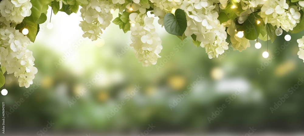 Poster Graceful white hydrangea blossom on captivating bokeh background with ample text space.