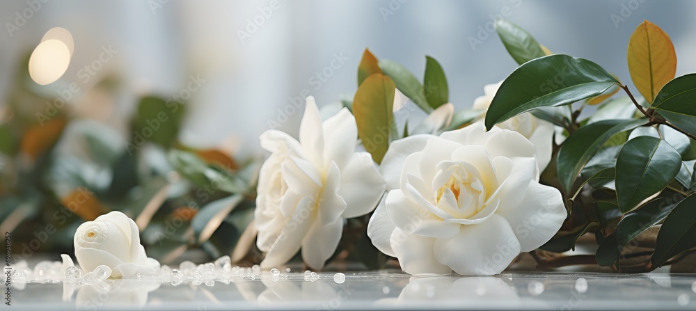 Poster white gardenia flower on isolated magical bokeh background with copy space for text placement