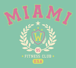Fitness club graphic, Sport wear typography emblem Miami vintage tee print, athletic apparel design shirt graphic print.