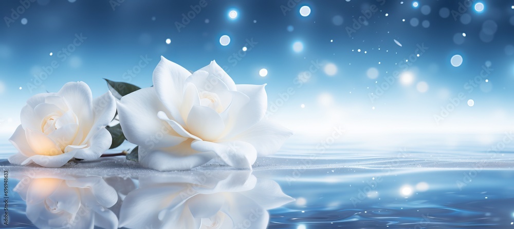 Aufkleber white gardenia on right side with isolated bokeh background and copy space on left for text.