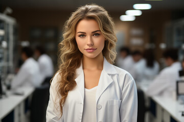 Attractive female doctor in front of medical group
