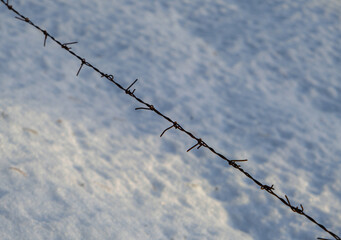 Barbed wire on a light background or snow, one line.