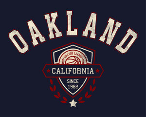 Oakland, California design for t-shirt. College tee shirt print. Typography graphics for sportswear and apparel. Vector illustration.