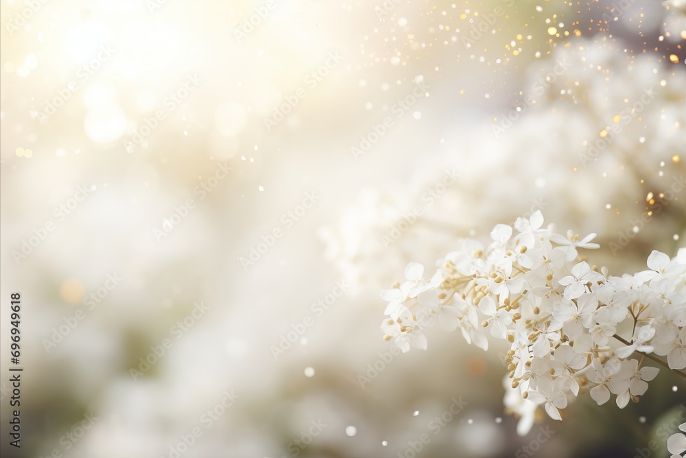 Poster enchanting white hydrangea amidst captivating bokeh background, with ample space for text placement.