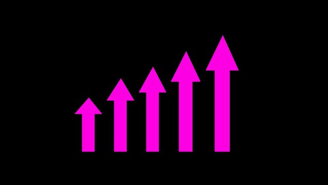 Growth chart icon. Growing graph icon in pink and black background. Graph diagram up icon, business growth success chart with arrows, profit growth symbol. Increase in revenue chart graph sign.