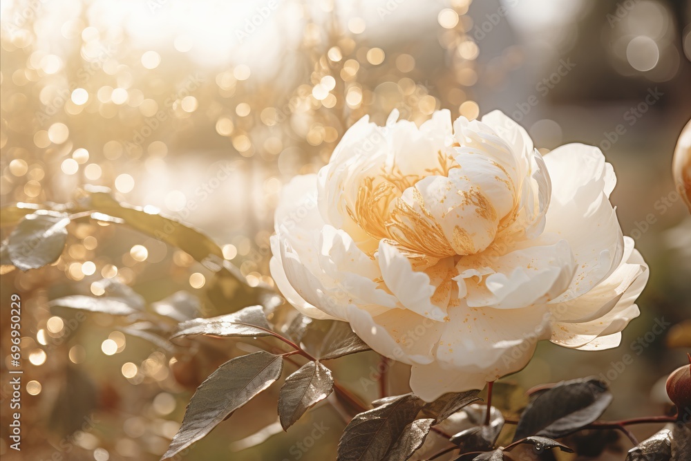 Poster beautiful white peony flower on isolated magical bokeh background with copy space for text placement