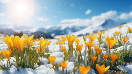 Yellow crocuses bloom on a sunny spring day. Beautiful primroses against a background of shiny white snow. Spring flowers against the backdrop of snowy mountains. - Powered by Adobe
