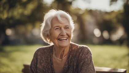 The portrait of a happy retired elderly woman smiling and laughing shot outdoors on a sunny day - obrazy, fototapety, plakaty