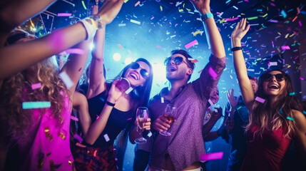 A cheerful group of friends enjoy new year party at nightclub People are drinking, dancing and...