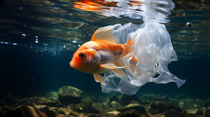 fish swimming next to a plastic bag, environmental concept, plastic pollution in the oceans - obrazy, fototapety, plakaty