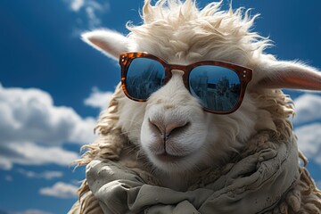 Realistic Photo of Funny Sheep Wearing Sunglasses at Sunset Generative AI